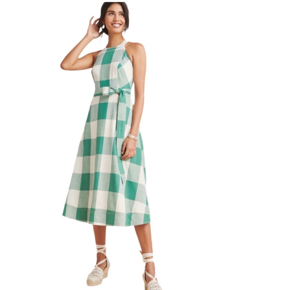 Maeve Anthropologie “Greta Gingham Dress” Linen Blend in green plaid, Size 2